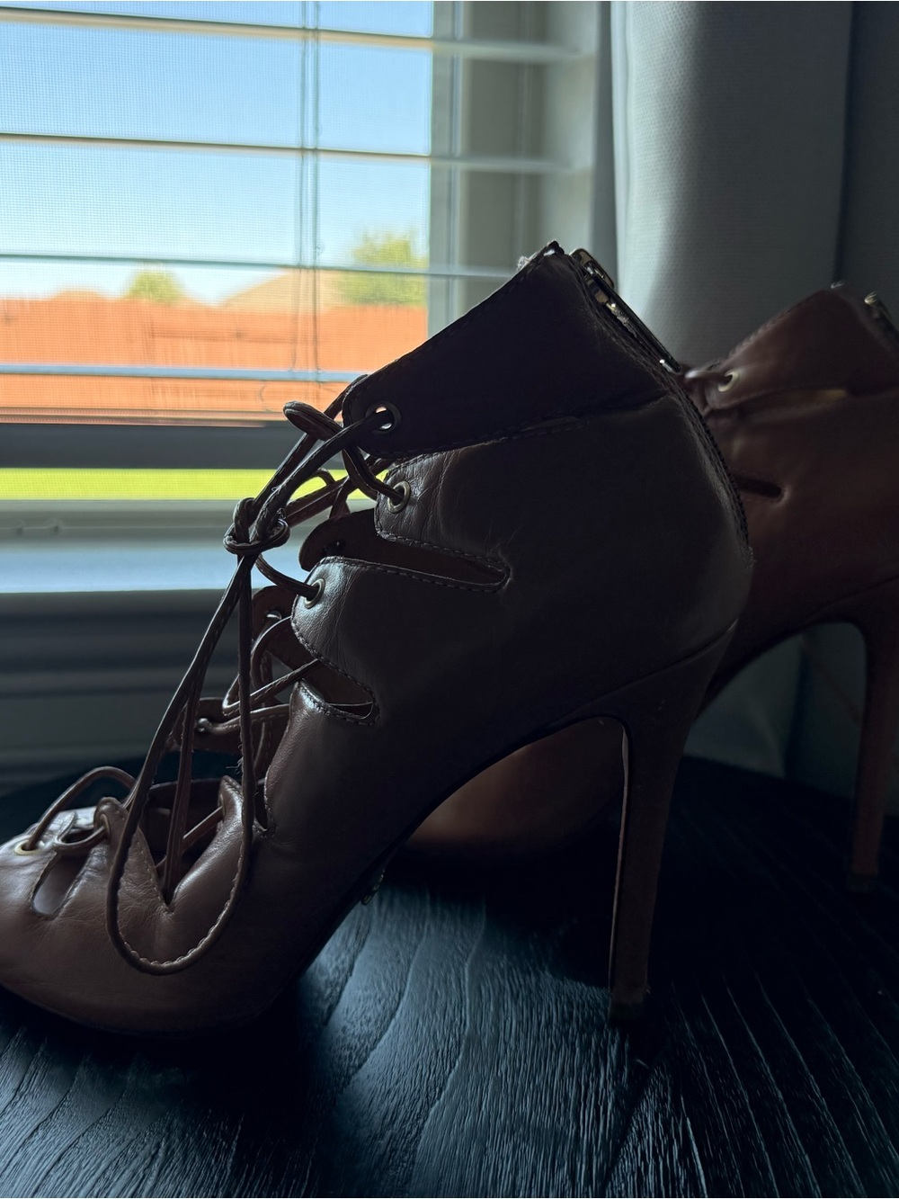 SCHUTZ Pink Lace-Up Open Toe Stiletto Heels - Picture 7 of 10